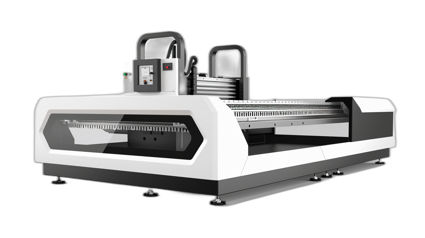 The Fedo electric CNC laser machine has a rectangular tray with a white and black color scheme. In a side view, isolated on the background, it is photographed in high resolution with detailed imagery.