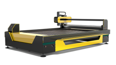 Cnc wood C-profile table with yellow color and black background. Product view of the machine shown in a 3D rendering in the style of machine.