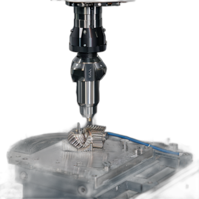 A close up of an isolated high precision CNC machine's tool head. The head is making one small gear on the table, in the style of hyper realistic photography against an isolated black background.