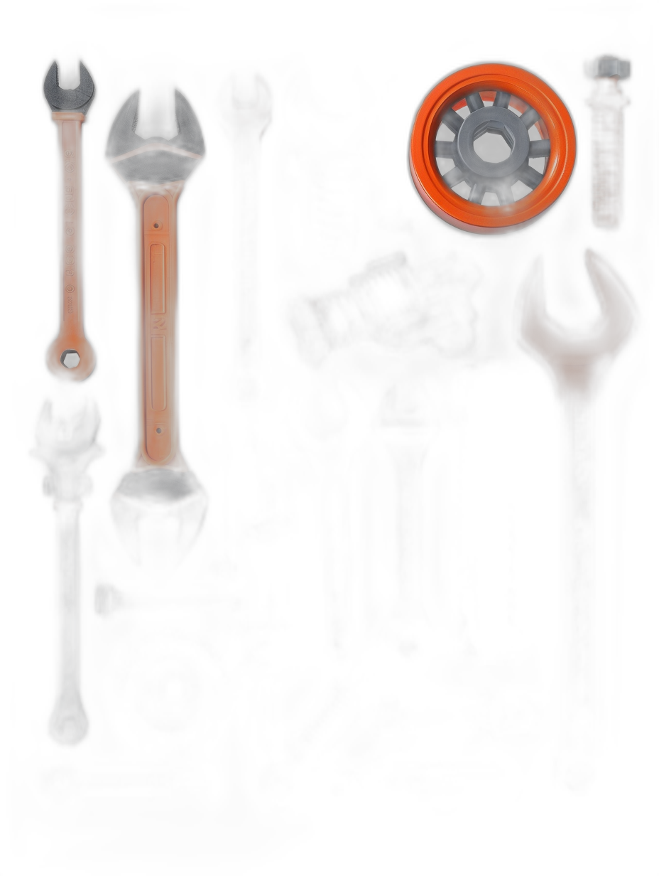 Dark background, top view of orange and black hand tools on the right side of the picture. The style is similar to game icons, with a simple design and vector graphics. Bright colors are used in a cartoon style suitable for mobile games. The illustration style is cartoon-like with high resolution, detail, quality and definition. High contrast and color saturation are also present. It is 2D.