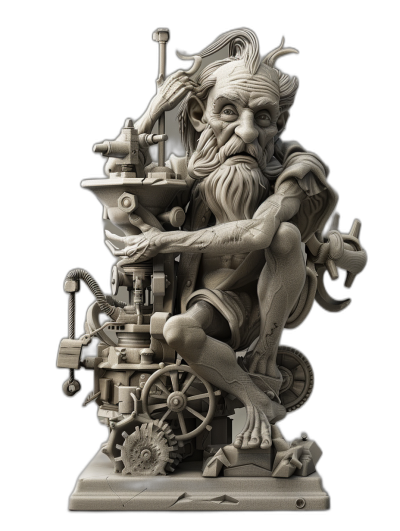 3D sculpted gray carved stone figure of an old man with long hair and a beard sitting on top of his steampunk machine. He is building it while wearing shorts against a black background in the fantasy style.