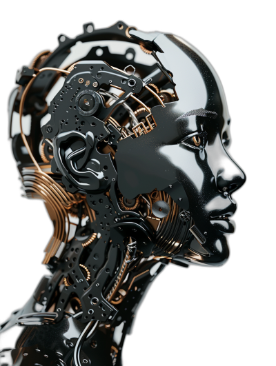 3d render of female robot head made from shiny black metal with gold accents, half profile view, on dark background, highly detailed and intricate, hyper realistic, super resolution,