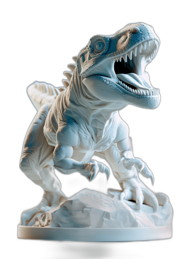 3d render of trex, white plastic toy on black background, studio shot