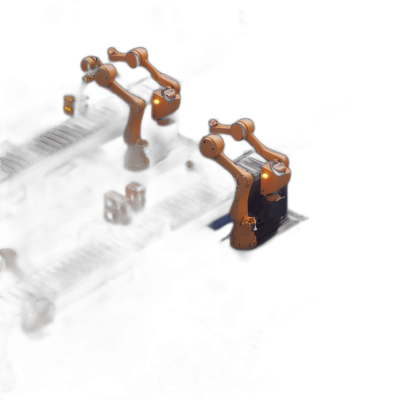 isometric view of three brown robot arms in an industrial factory, illuminated by yellow lights on black background, there is a conveyor belt with boxes below the robots and a dark shadow from above. The scene has soft lighting and is rendered in a simple, minimalistic style.