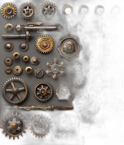 Steampunk gear set, arranged in an aesthetically pleasing composition on dark background. High resolution, sharp focus, intricate details, highly detailed digital illustration, professional color grading, soft shadows, no contrast, clean sharp focus, digital photography