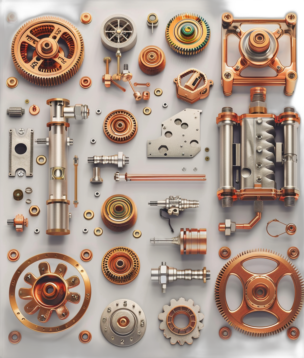 A collage of various mechanical parts and gears in shades of copper, arranged on an isolated background to create the illusion that they form part of some intricate machinery or engine. The focus is on texture and detail with each piece clearly visible but not detailed so as to keep it simple yet realistic.