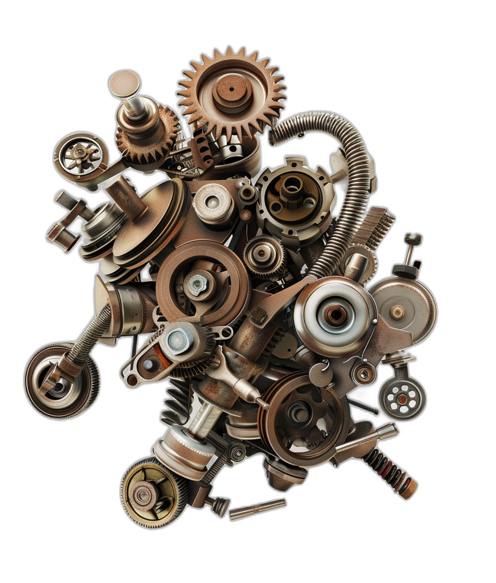 A pile of car parts, engines and gears on a black background, photorealistic and hyper realistic in the style of steampunk.