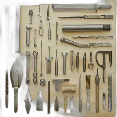 A collection of metal tools arranged on top of each other, each tool placed in its own wooden tray with the bottom edge facing upwards. The photo is taken from above and captures all parts of every tool perfectly. There's an overall gray tone to everything, except for one piece that stands out as being slightly darker, giving it contrast against the rest of the objects. This object appears to be more shiny or reflective than some of those around it in the style of.