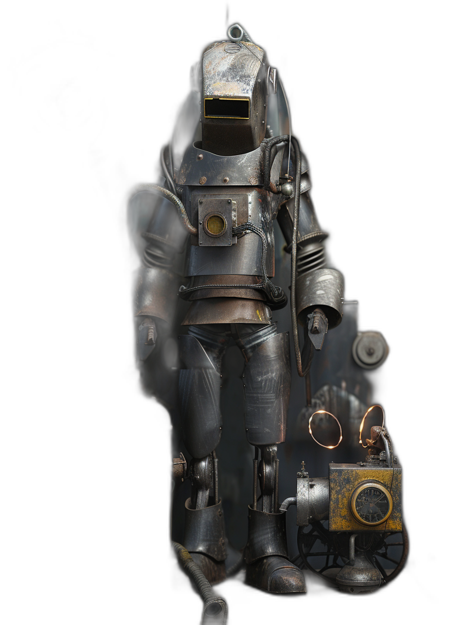 A full-body view of an old-fashioned steampunk diving suit on a black background, 3D rendered in the style of Pixar.