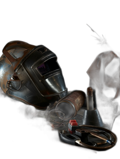 Wagner's helmet, welding machine and equipment on a black background, in a dark, minimalistic, hyper realistic photographic style.