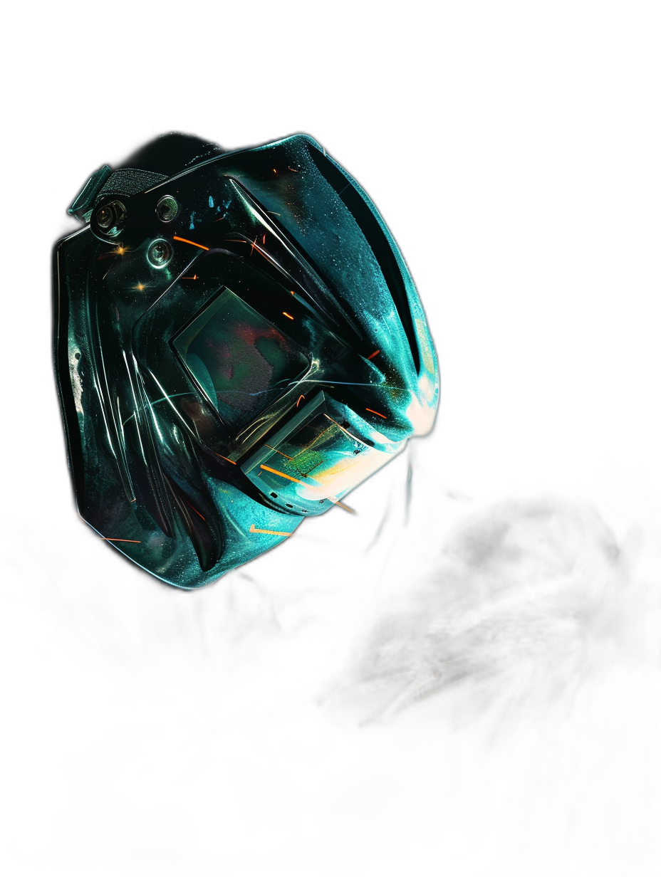 A primal, cybernetic welding mask, with glowing glass details, floating in black space. Sparks are flying around it against a dark background. The mask is rendered in a hyper realistic, hyper detailed style, with an octane render.