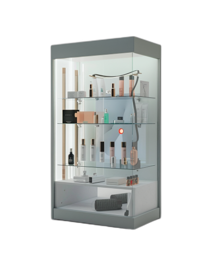 White glass cabinet with LED lighting containing cosmetics, high resolution black background, hyperrealistic studio photography in the style of advertising.