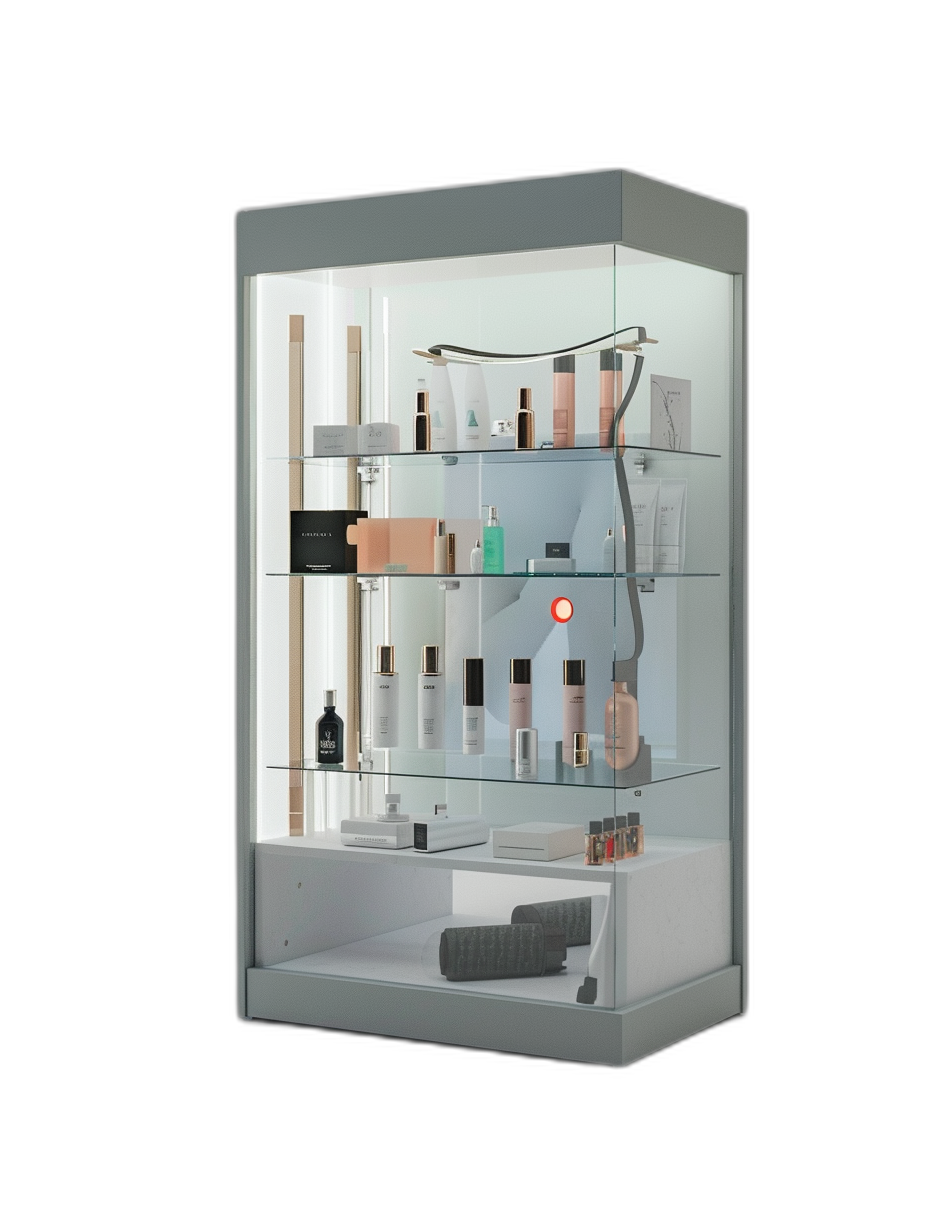 White glass cabinet with LED lighting containing cosmetics, high resolution black background, hyperrealistic studio photography in the style of advertising.