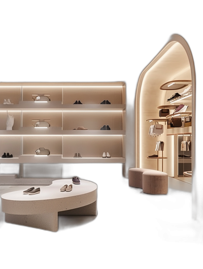 A minimalist fashion store with an arched entrance, featuring a white stone counter and wall shelves displaying shoes. The interior is illuminated by soft lighting that creates a warm atmosphere. In the foreground of the scene stands a round bench made from beige velvet fabric. On one side there is another small shelf filled with handbags. A black background makes it easy to emphasize product images in the final design.