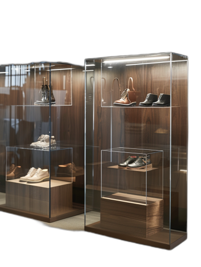 two glass display cases filled with shoes, wooden walls and shelves in the background, warm lighting, minimalist design, ultra realistic photography