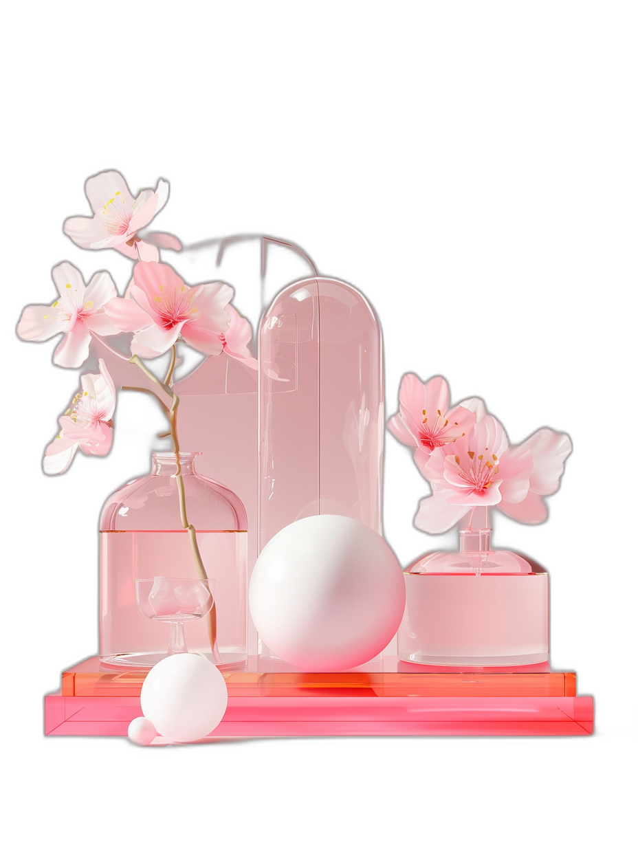 A pink and white composition of glass bottles, vases containing flowers, an egg-shaped object on the table, and a few cherry blossoms on top. Black background. The style is minimalistic with geometric shapes, rendered in Cinema4D, using simple color blocks. It has a matte texture and subtle glow effect.