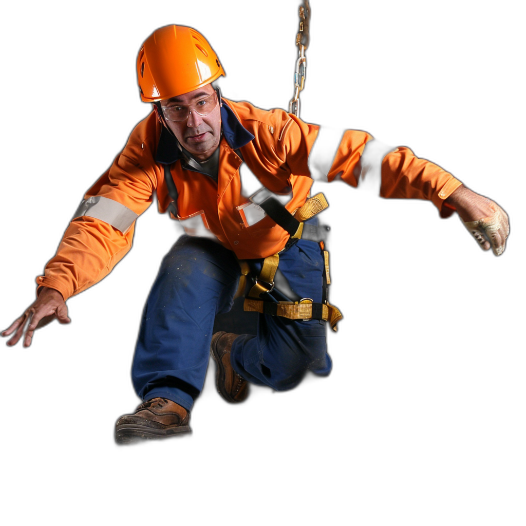 photorealistic full body portrait of an industrial worker in orange safety , falling from the top with helmet and rope on black background, studio shot, professional photography style