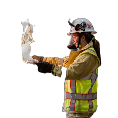 A photo of a female firefighter holding up an iPhone in one hand and throwing burning paper with the other, isolated on a black background, wearing a high vis vest, white helmet and yellow coat. It is a studio photography photo with a dynamic pose, studio lighting, and hyper realistic, high resolution photography with HDR. The photos were taken with an ARRI Camera, with incredibly detailed sharpness and sharp focus, giving it a cinematic, movie quality, photorealistic style.