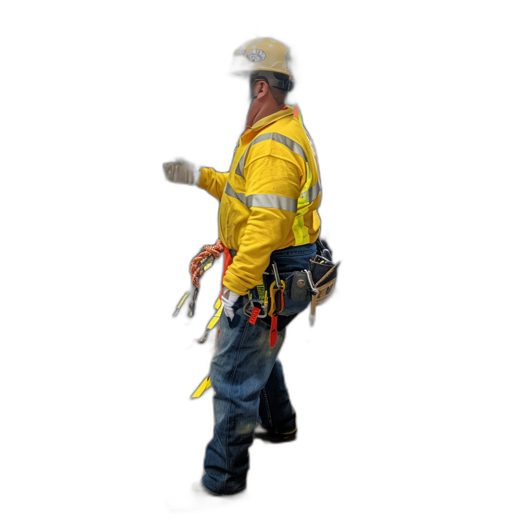 Photorealistic side view of a construction worker in a yellow safety jacket and blue jeans, holding tools on a black background, with high contrast and in the style of hyper realistic art, with no shadows.