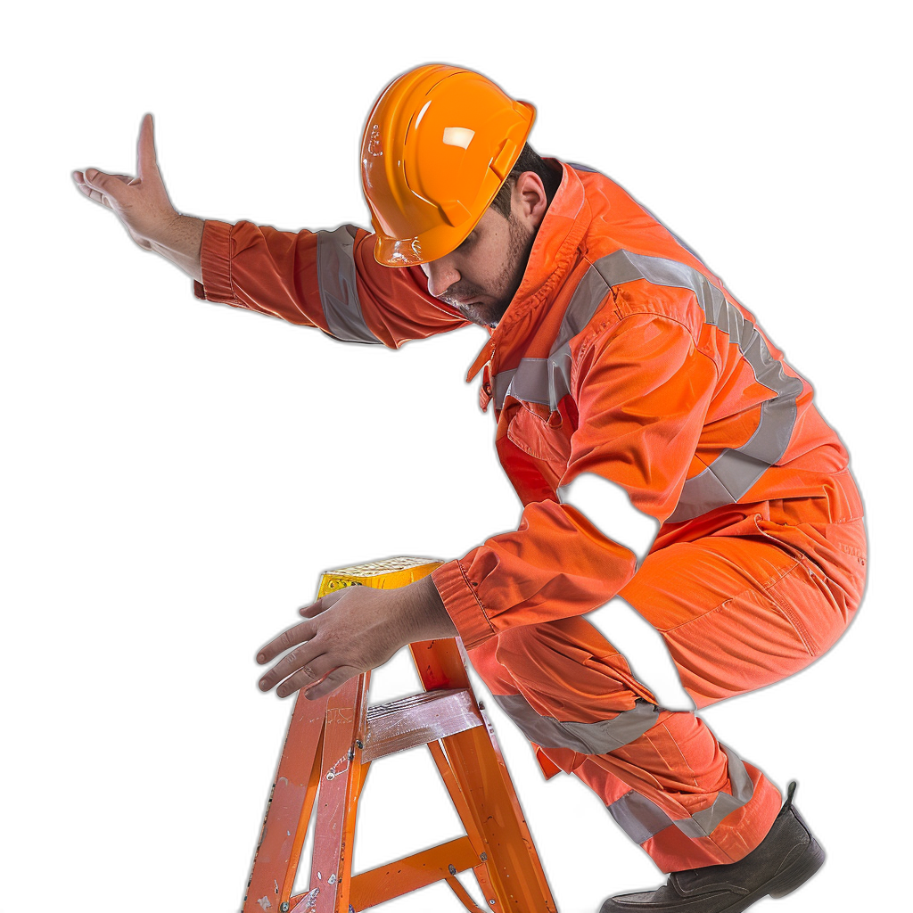 A construction worker in an orange uniform falling off his ladder isolated on a black background, with a photo realistic, high resolution photography style. The image has insanely detailed, fine details in a hyper realistic style with professional color grading and cinematic lighting. The realistic skin texture was captured in a photoshoot.