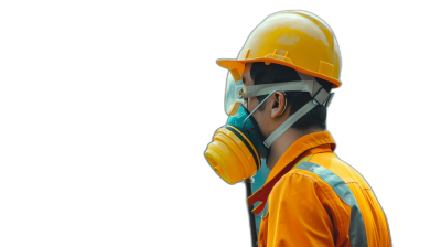 Side view of an Asian construction worker wearing a yellow helmet and orange safety jacket, using a face mask with an air purification kit. A kittysuit in profile on a black background in the style of fine art photography, with cinematic lighting, high resolution photography, insanely detailed fine details, isolated plain, stock photo, professional color grading, award winning composition, shot from a Canon EOS R5 at F2 ISO4036mm, with sharp focus and hyperrealistic style.