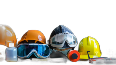 The various safety equipment such as helmet, goggles and other protective gear for construction workers on a black background. The concept of protection in the industrial environment in the style of different artists.