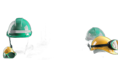 Two construction helmets, one green and the other yellow with white stripes on a black background, one of them is slightly to the left side, the second more in front. Both wearing safety glasses. Photorealistic in the style of studio lighting, product photography, professional color grading.