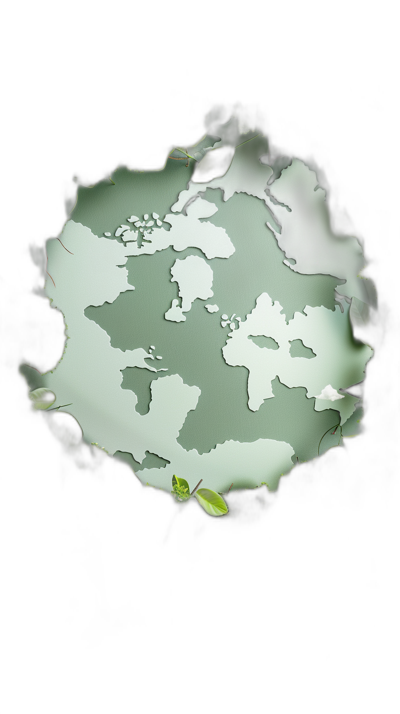 white map of the world seen through a hole in black paper, green leaves on it, minimalistic, hyper realistic photography