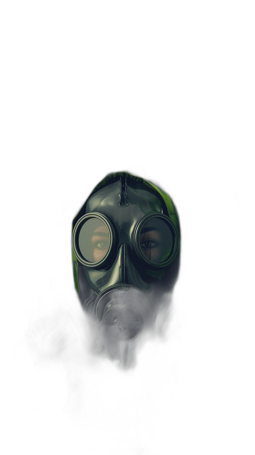 A person wearing an air mask in the dark, a gasmask on his face, scary and creepy atmosphere, horror movie poster style, high contrast, dark background, portrait photography, low angle shot, symmetrical composition, hyperrealistic, detailed texture of skin, green light coming from eyes, mysterious ambiance, unsettling mood.