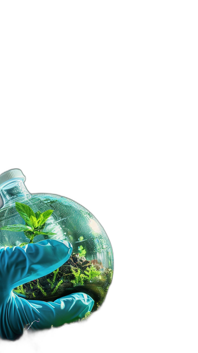 A gloved hand holding an Earthshaped glass jar with green plants inside, on black background, symbolizing environmental protection and care for the planet, with copy space at right side.