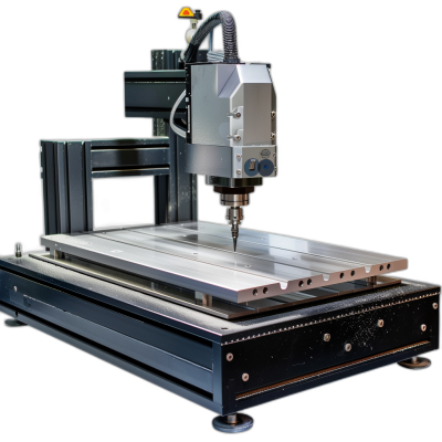 A small, heavy-duty CNC machine with an aluminum cast table and metal grafter for creating designs on wood, plastic, or other materials against a black background. The designs are created in the style of the machine's operator.