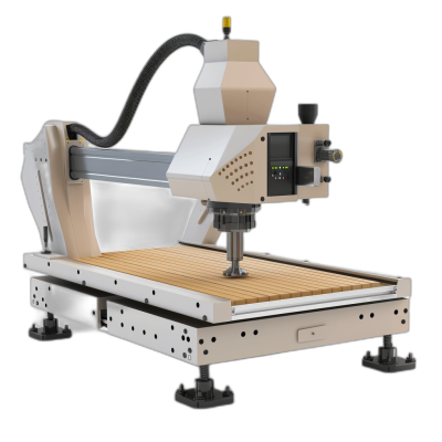 3d render of cnc wood mini machine, isolated on black background, perspective view, white and beige colors, 20k, hyper realistic, detailed