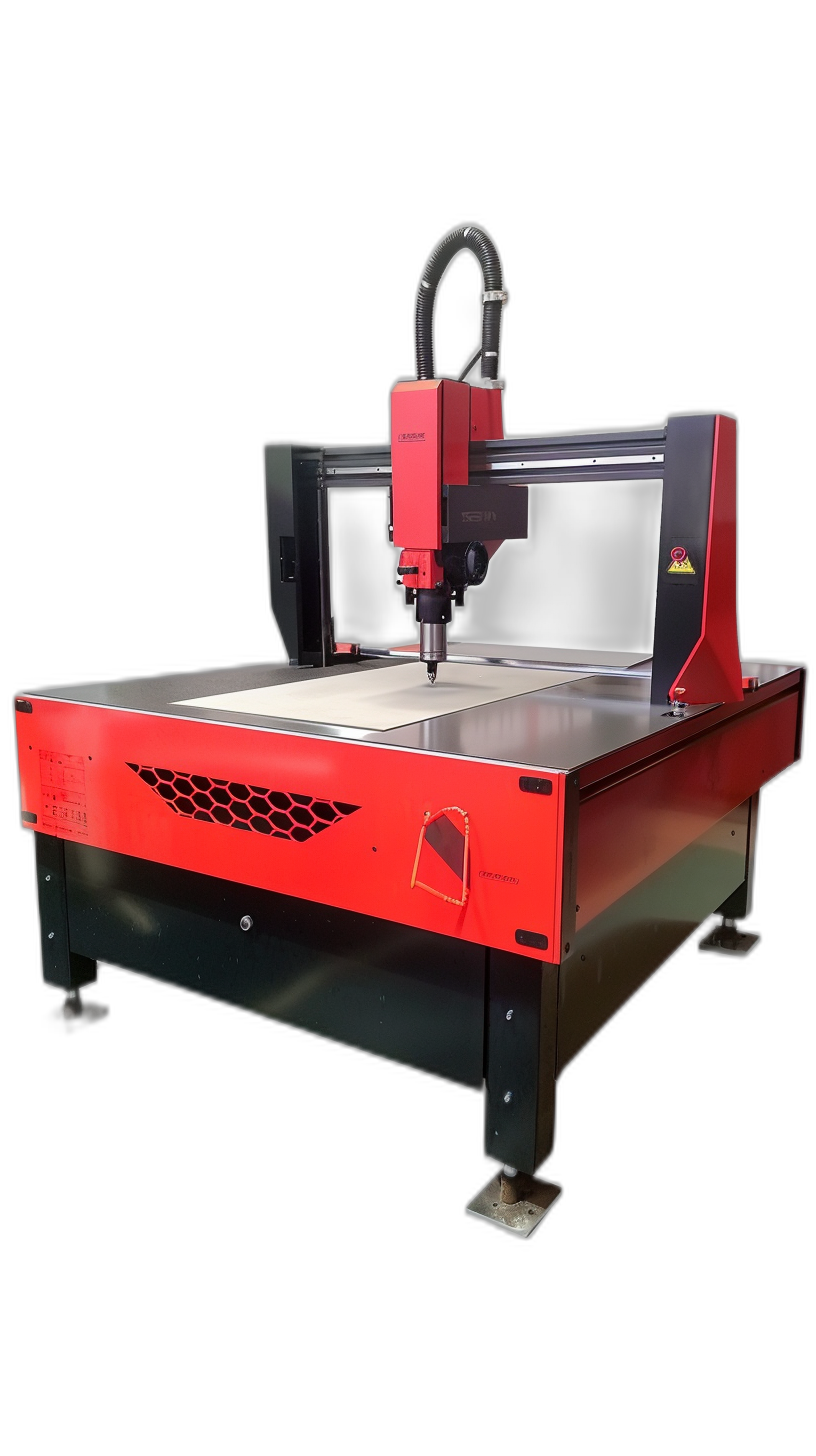 A large red and black CNC machine with an open table top on it. On the side of that is one laser device mounted to its head on a solid background, with high resolution.