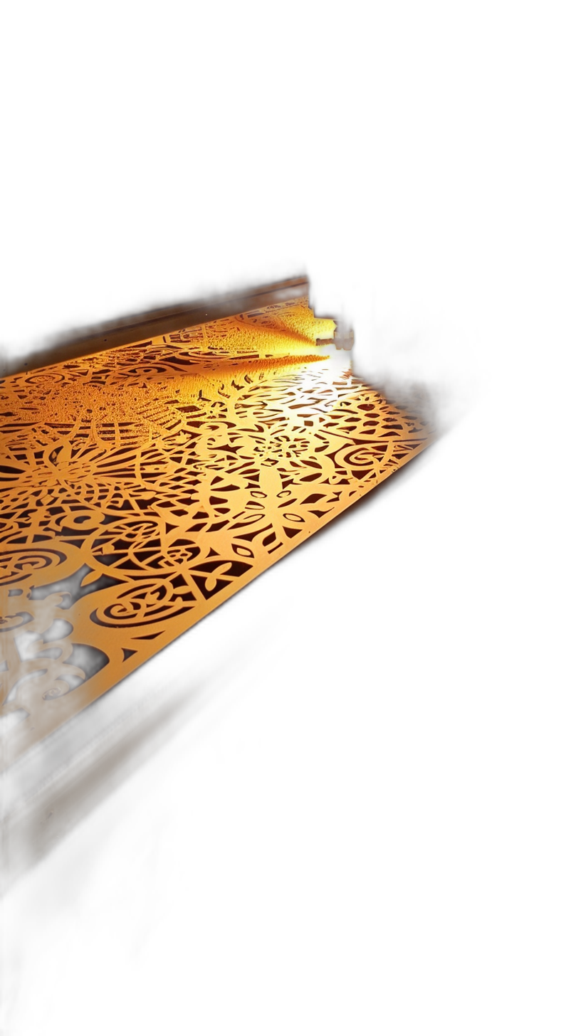 A photo of the backlit Arabic pattern on an empty bench, taken from above with the light source behind it, creating shadows and highlights that showcase intricate details in golden tones against a black background. The texture is clear and the patterns appear to be made in the style of metal or glass, giving them depth and dimension.