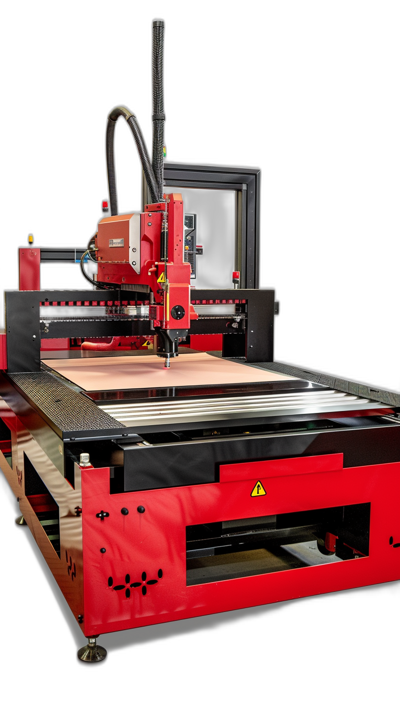 A large red and black cnc machine with wood on the table, front view angle, solid background, product photography, shot in studio