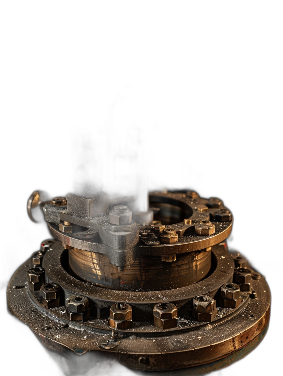 A steampunk-style small mechanical device made of metal and gears was placed on a table with its base covered in dust and illuminated by studio lighting against a black background. The device was in the style of steampunk.