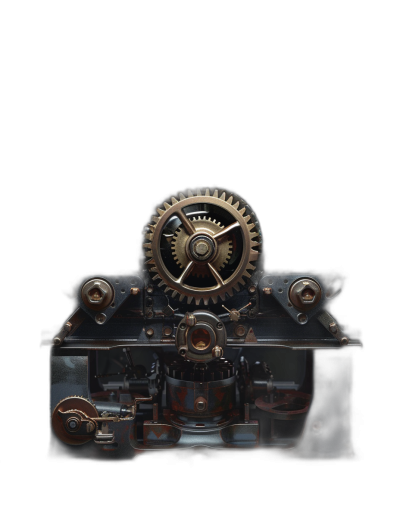 3d render of antique machine with gears and cogs, dark background, frontal view, high resolution