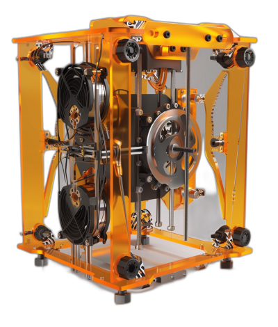 A transparent orange square machine with metal gears and wires inside, the inner structure is symmetrical. There is an engine on one side of it, a large fan in front, and two small fans behind it, all made from glass material. It has a simple black background with a technical style and is a 3D rendering with high resolution, rich details, high quality, and high light reflection. There is a high saturation and strong contrast between colors.