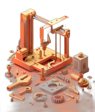 3D rendering of an intricate printing machine with various parts around it, using a copper and orange color palette, in an isometric view against a dark background.