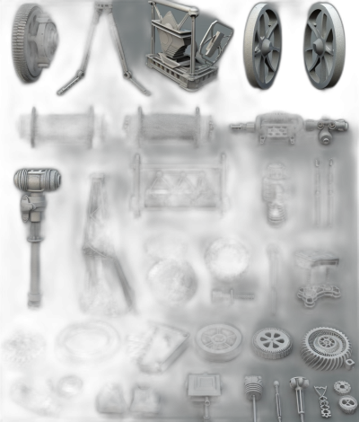 dark grey rendering of various mechanical parts on a black background, game asset sheet in the style of various artists.