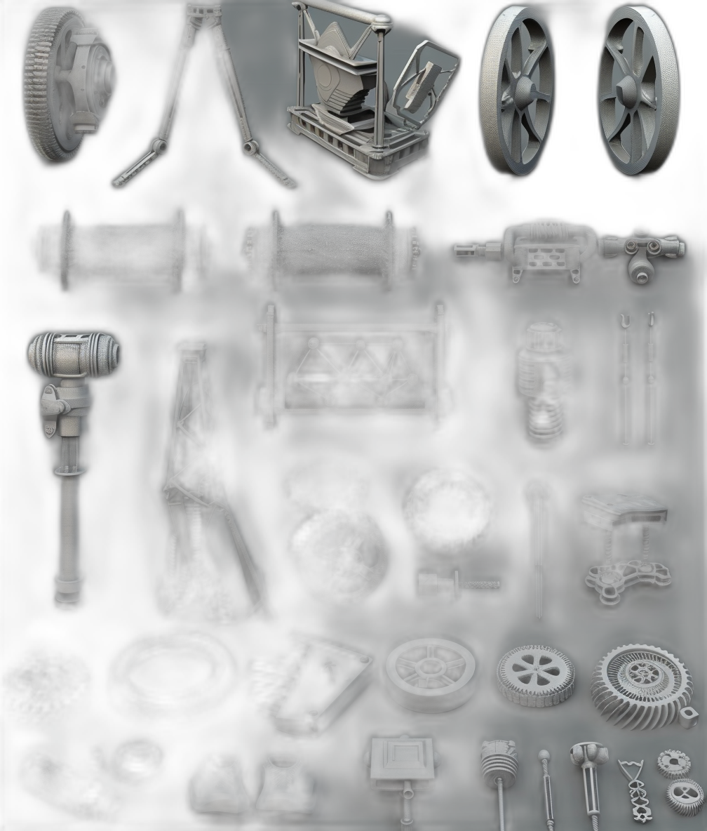 dark grey rendering of various mechanical parts on a black background, game asset sheet in the style of various artists.