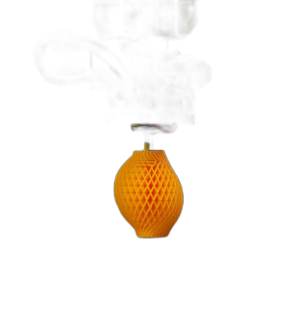 3D printed honeycomb lantern hanging on a black background, yellow light is coming from the top of it in a minimalistic style. Product photography.