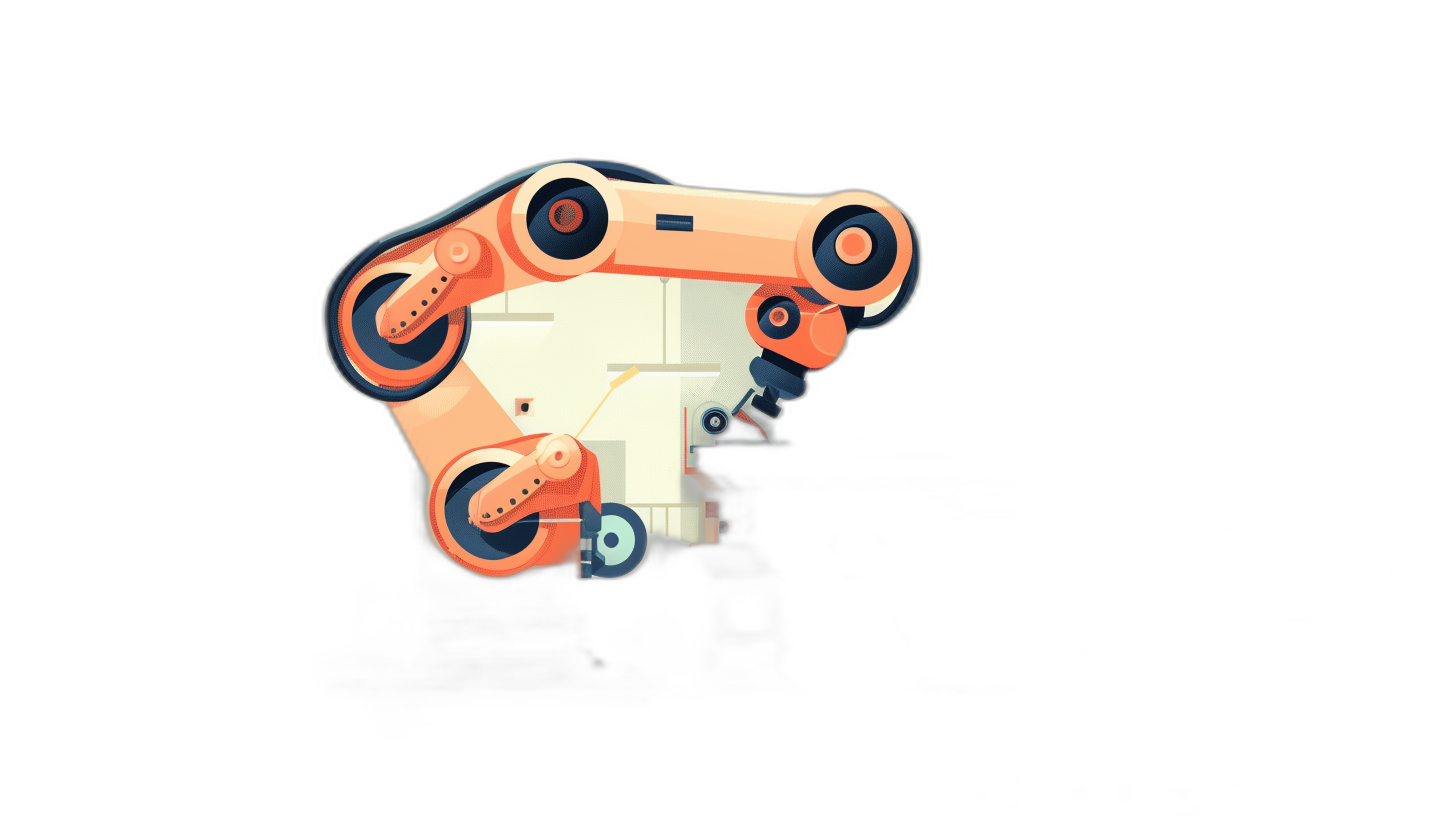 A minimalistic icon of an abstract robot arm with wheels on its fingers in the style of orange and blue colors, 3d render in the style of black background, no shadows, isometric view, low details, simple shapes in the style of white background, cartoon style, flat design, octane rendering.