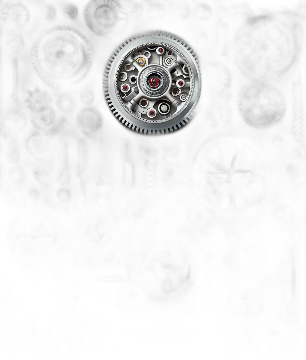 A black background with a central gear in the center, surrounded by various gears and cogs of different sizes. The contrast between light and dark creates depth to emphasize mechanical precision. High resolution, designed for advertising or technology themes. The artwork is in the style of mechanical precision.