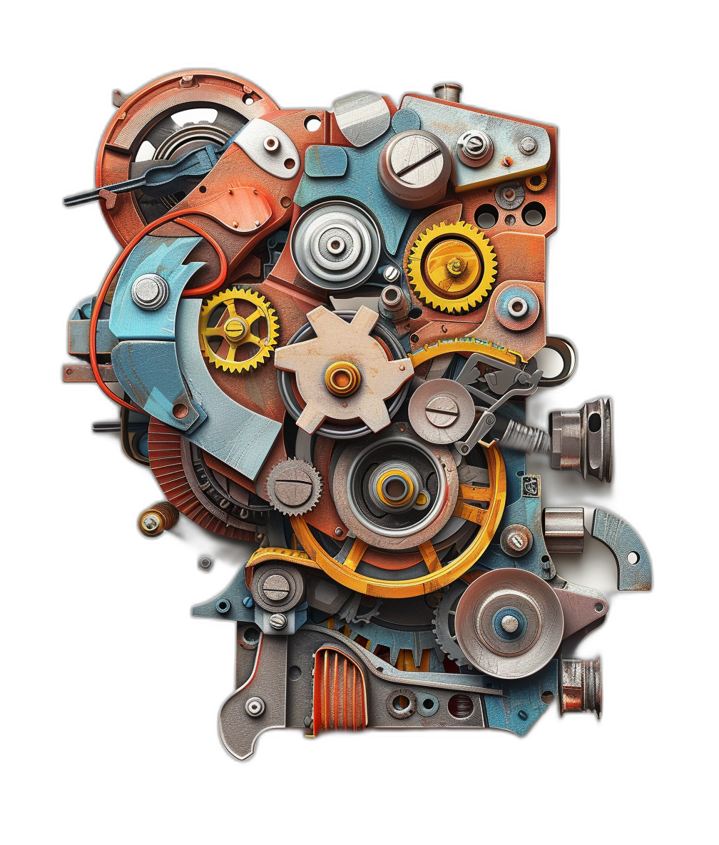 mechanical, mechanical engine made of various metal parts and gears on black background, concept art by Pixar studio style, cartoon realism style, 3d render, colorful color palette, steampunk, steve可爱р/vendors，c4D OC renderer, top view, high resolution