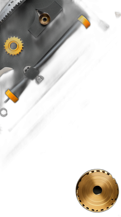 black background with tools, circular saw blade and tool box on the right side of composition, golden details, minimalistic design, high resolution photography