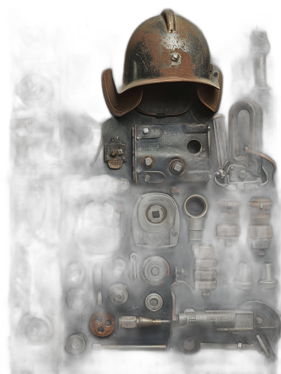 The knolling of parts to make up the head and body from above on a dark background in the style of warhammer. An old fireman helmet sits on top with many tools arranged around it, rusty metal pieces in a realistic photo with hyperrealistic, high resolution, high quality, high detail and extreme details under cinematic light.