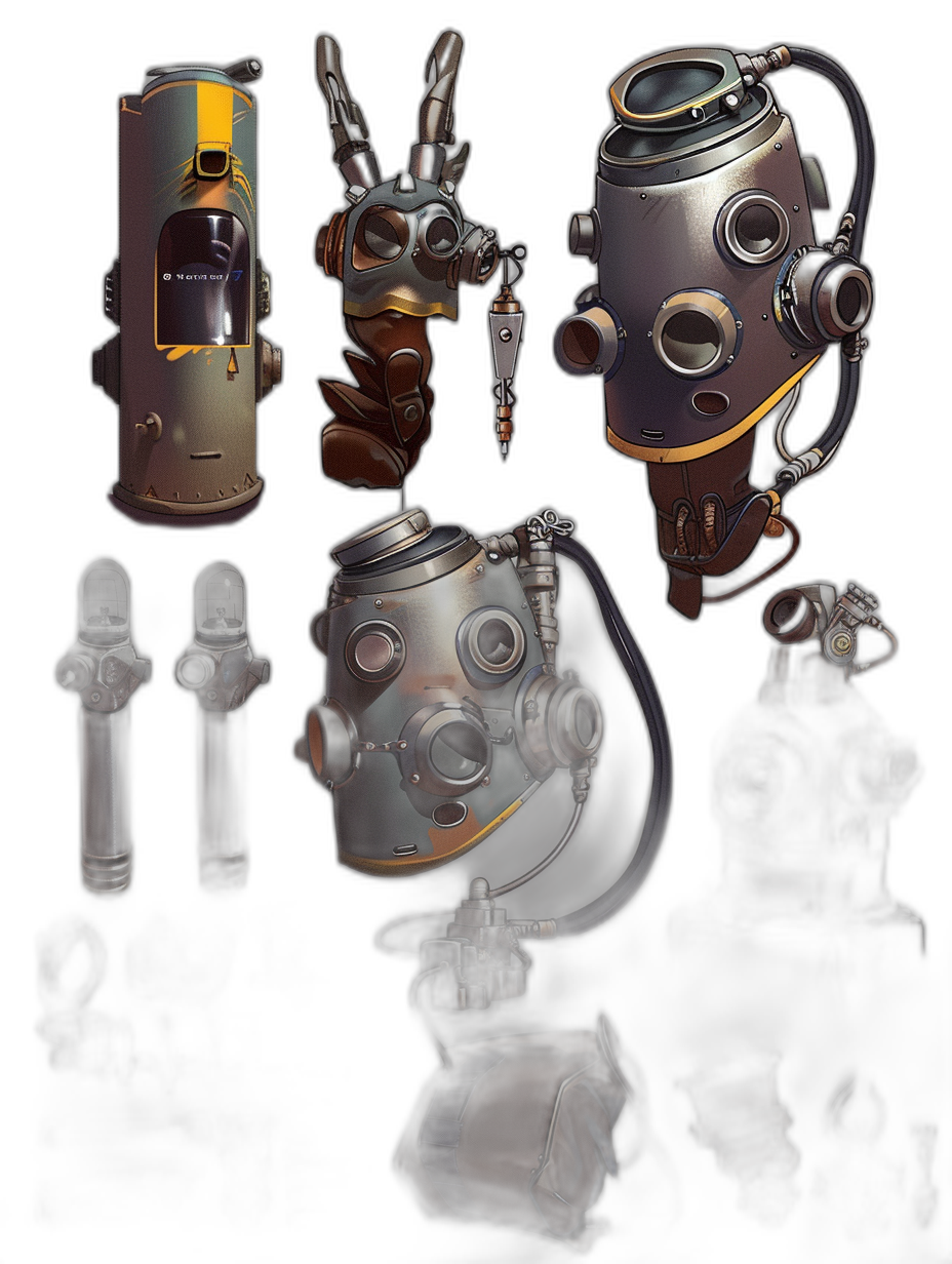 concept art of steampunk diving helmet and gas canister, different angles, character design sheet, black background, warm tones