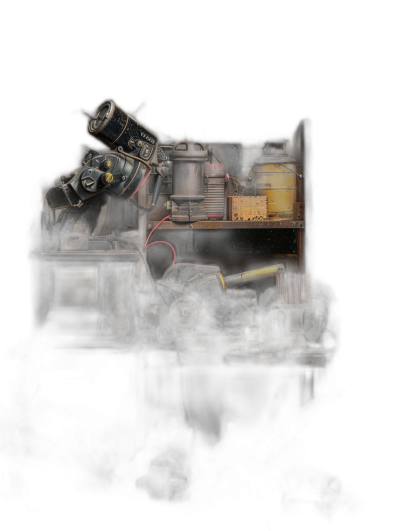 A black background with an old workbench and various tools, full of rust, metal boxes, wires, cables, yellow oil cans, small dusty machines, dark atmosphere, hyperrealistic photography, cinematic lighting, high resolution, high detail, high quality