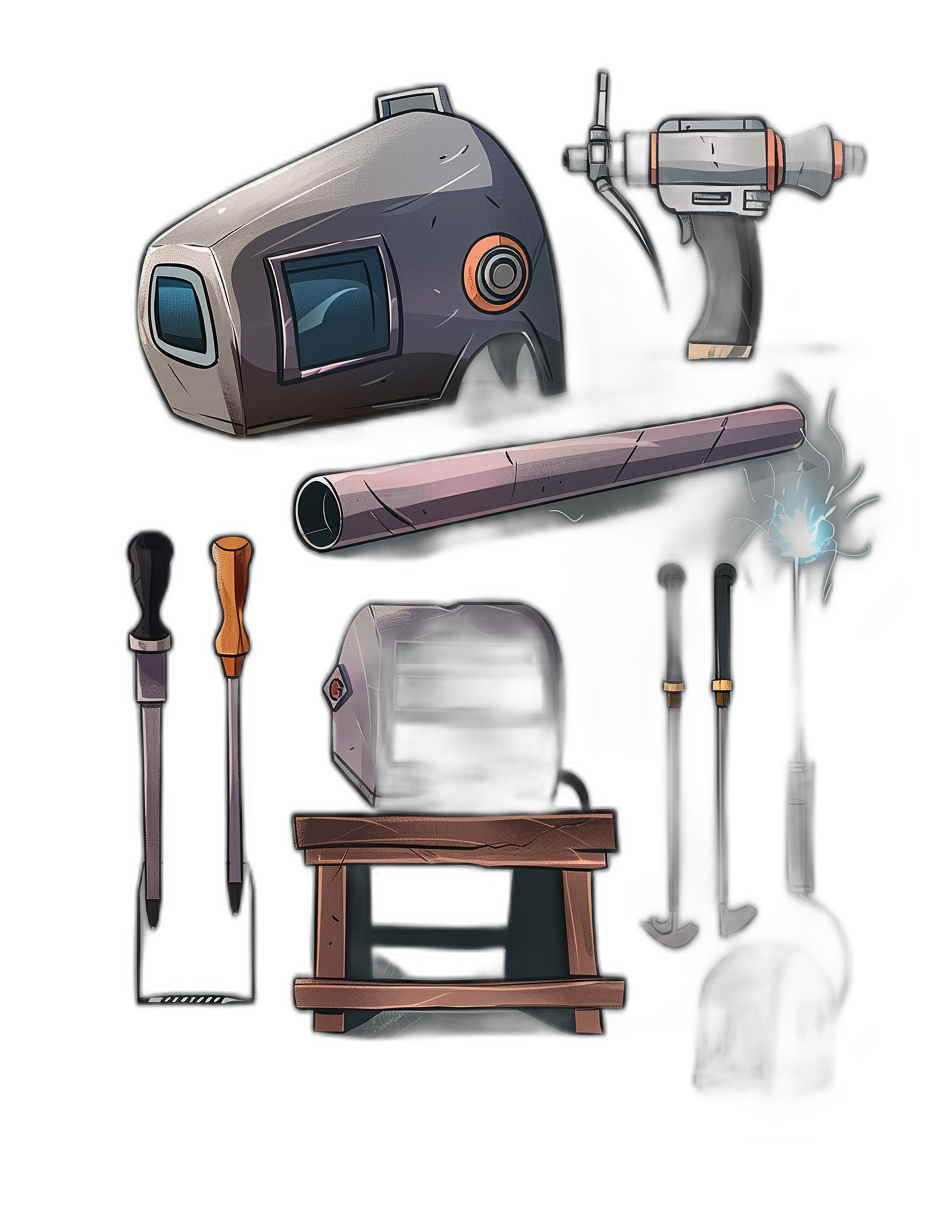 cartoonish hand drawn vector art of tools for welding, on a black background, in the style of a game asset icon, with minimal repeated words or Chinese characters.